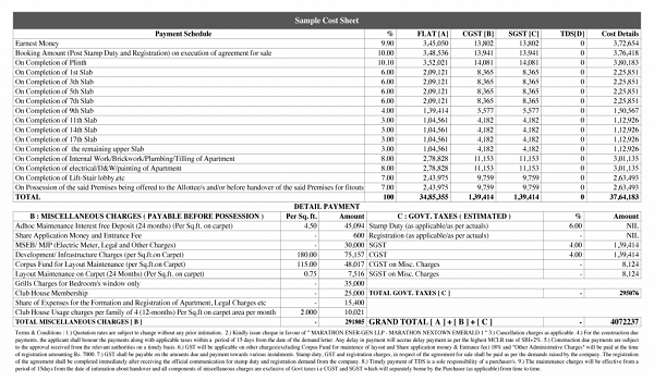 Prestige Park Ridge Cost Sheet